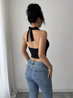 Fashion Women's Sexy Vacation Ruffle Trim Crop Tank Top - Black