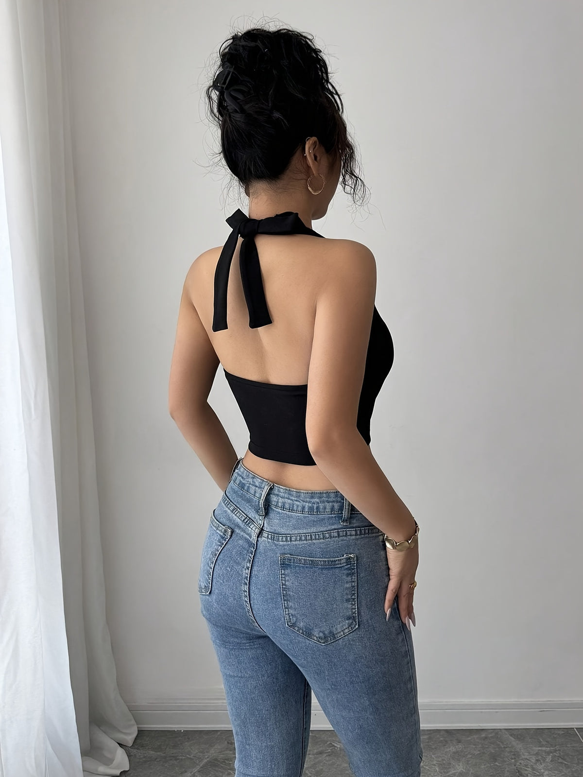 Fashion Women's Sexy Vacation Ruffle Trim Crop Tank Top - Black