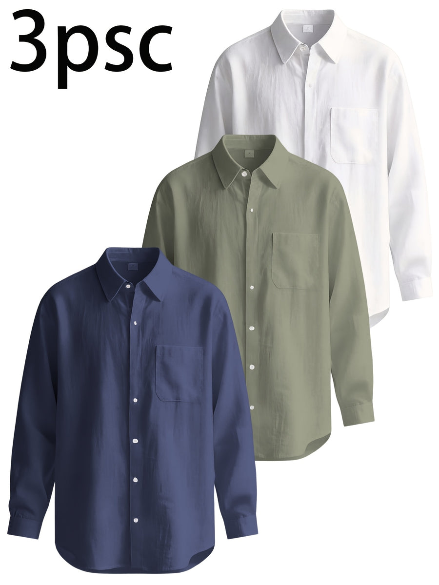 3pcs Men'S Casual Linen Shirts, Long Sleeve Button Tops with Chest Pocket, Lightweight Solid Color Shirts for Daily And Vacation - Mix Color 3