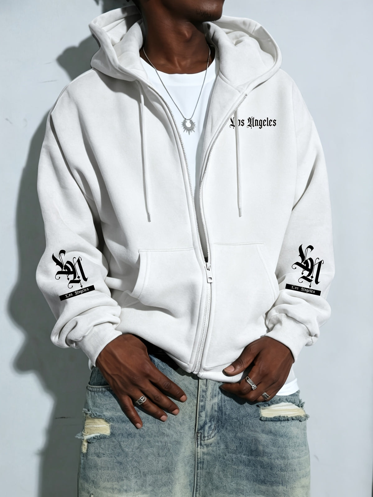 Men's New Trendy Autumn/Winter Fashion Zip-Up Hoodie, Casual Daily Drawstring Zip-Up Hooded Sweatshirt with Creative Flat Design Print, Front Kangaroo Pocket, Unisex Top - White