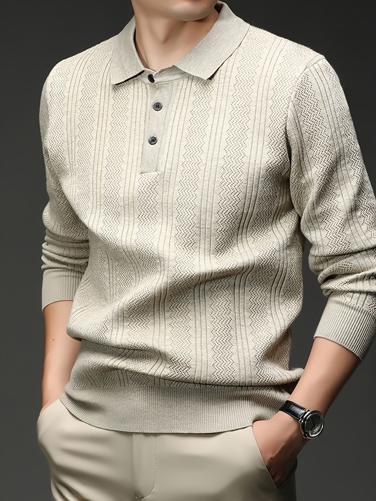 Autumn Renewal 1pc: Black Knitted Long-Sleeve Polo Shirt for Middle-Aged Men, Vertical Stripe Jacquard, Three-Button Lapel, Business Casual, Slim Fit for Spring/Autumn, Commuting and Daily Layering Top - Apricot