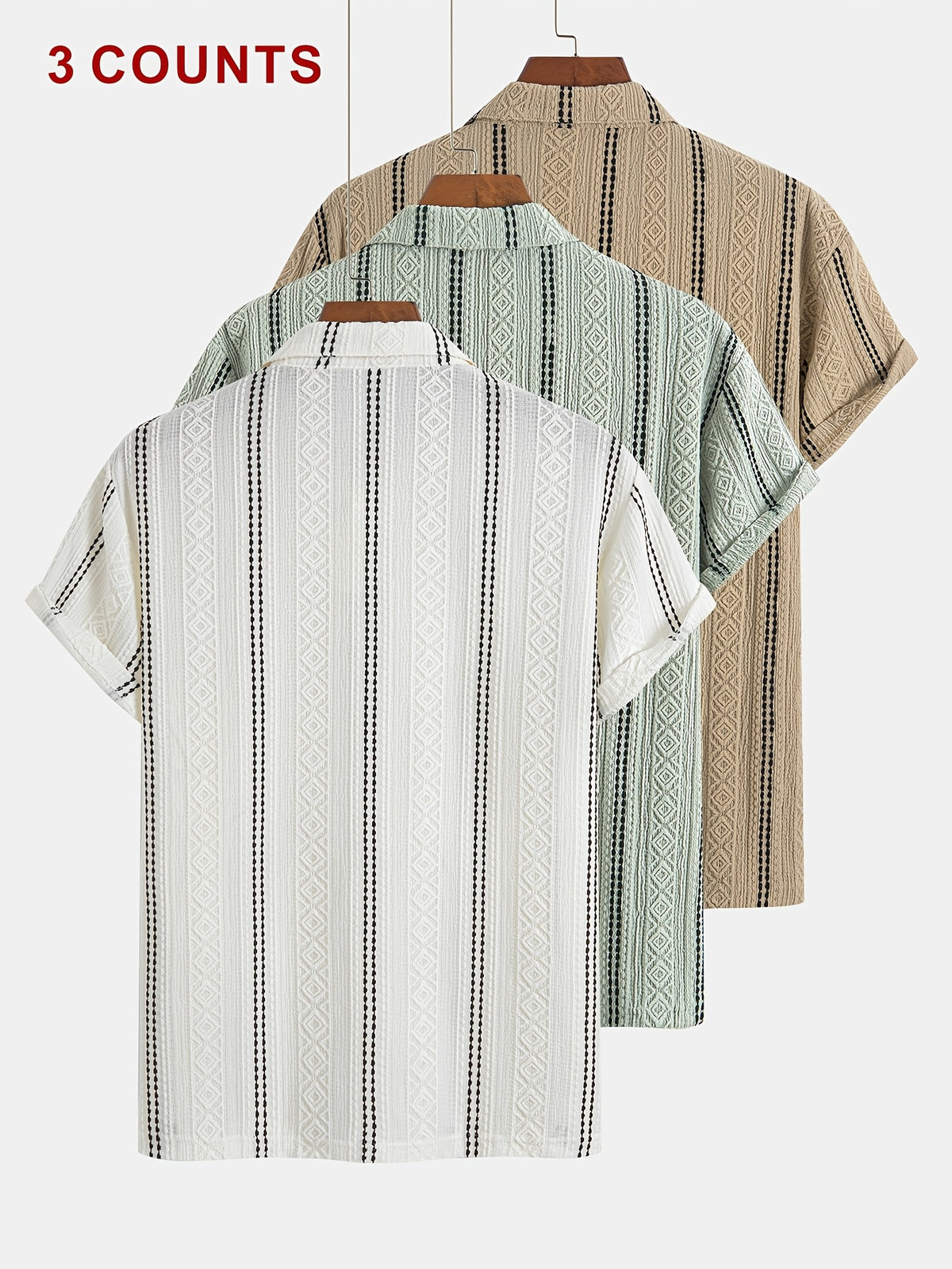 Men'S 3-pc Textured Striped Polo Shirts, Short Sleeve Casual Tops for Golf Beach Summer Daily Wear - White+Green+Khaki
