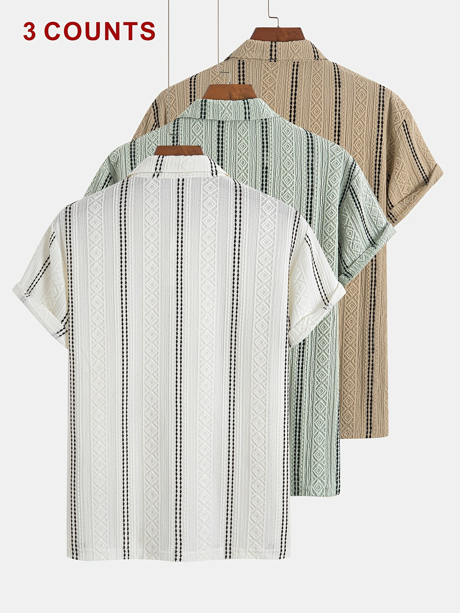 Men'S 3-pc Textured Striped Polo Shirts, Short Sleeve Casual Tops for Golf Beach Summer Daily Wear - White+Green+Khaki
