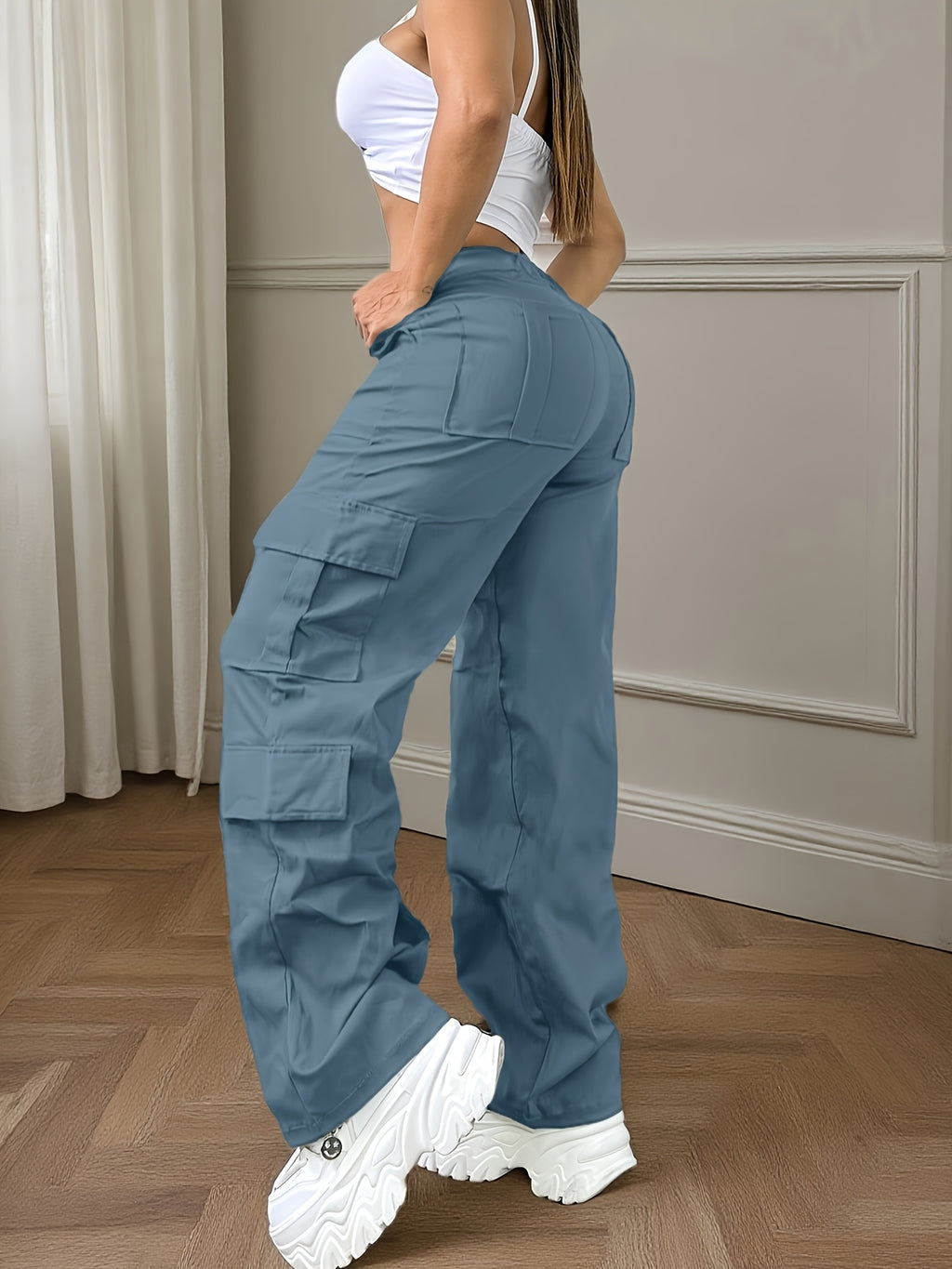 Street Style Women'S Casual Solid Color Loose Overalls, Y2K Comfortable Elastic Waist Multi-Pocket Long Pants - Fog Blue