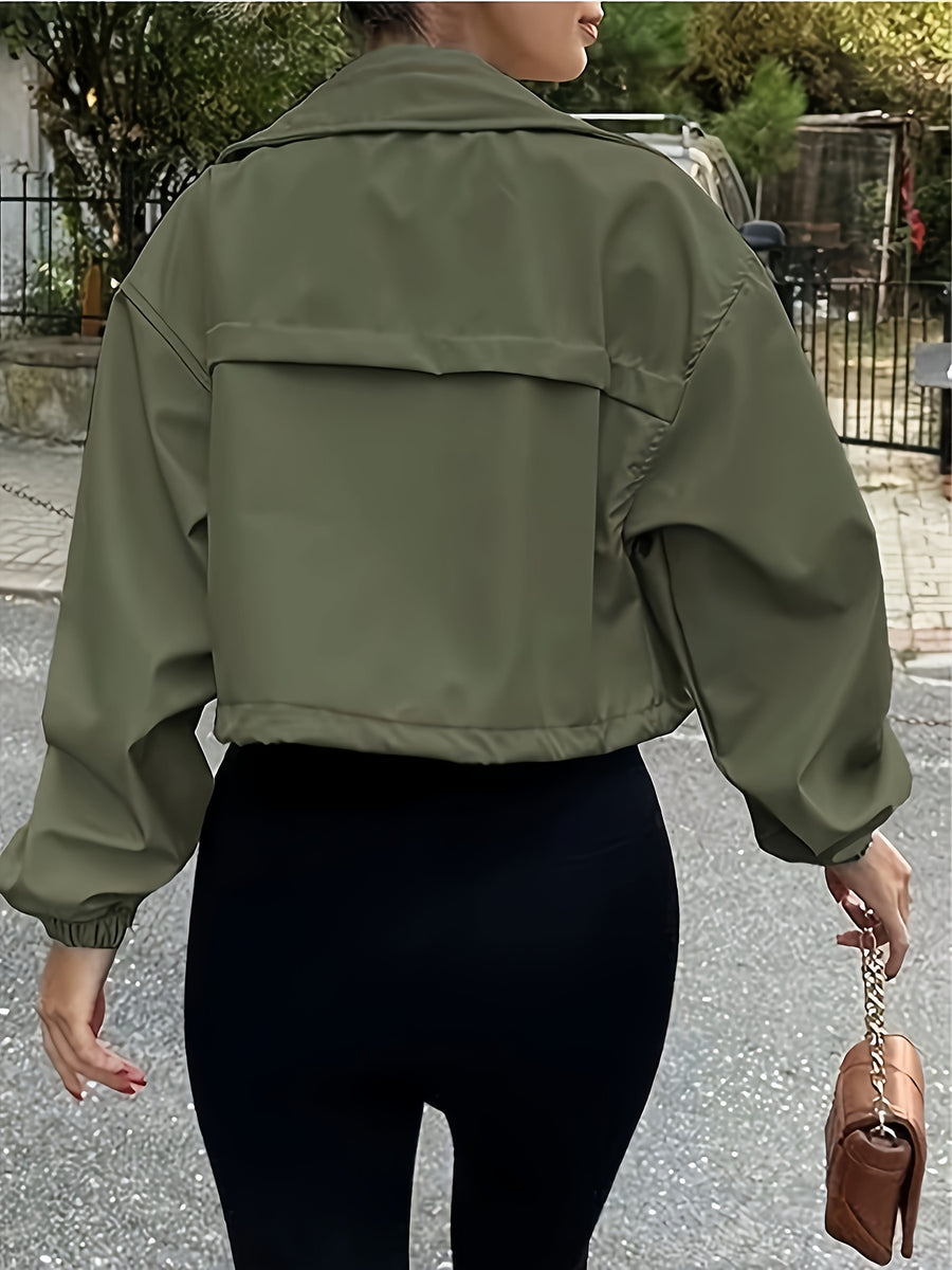 Women'S Fused Casual All-Match Vacation Lapel Short Zipper Coat Autumn Winter Commuter Jacket Elegant - Olive Green