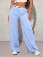 K6 Women's Letter LOS ANGELES Print Loose Wide-Leg Pants with Pockets, Versatile High-Waisted Casual Trousers - Light Blue