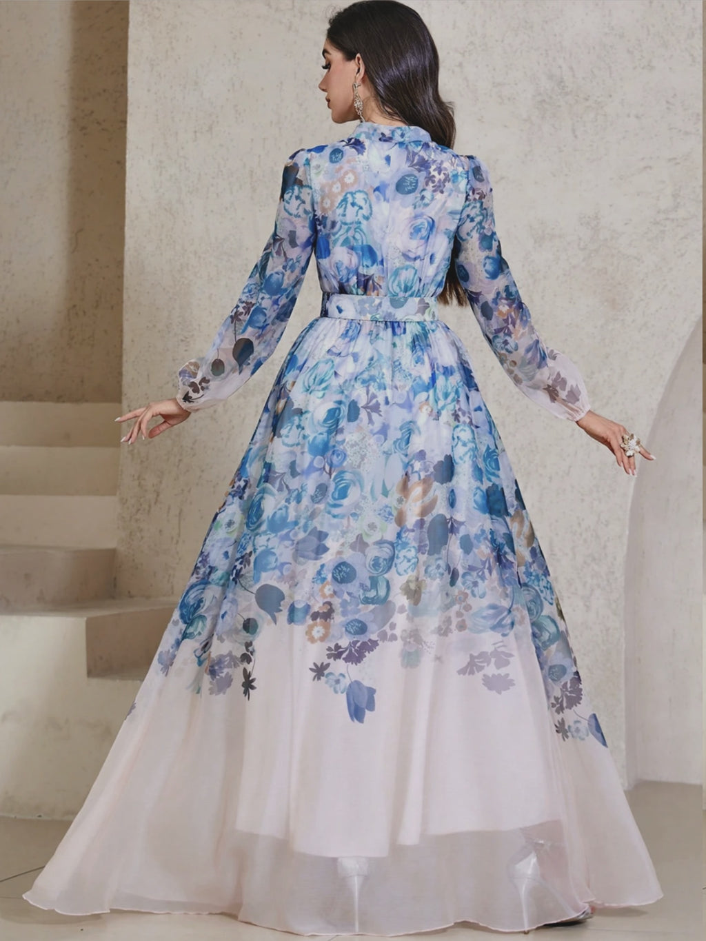ZD1031037 Ink Wash Floral Print Stand Collar Sheer Long Sleeve Wide Waistband Slit Bridesmaid Dress for Banquets and Weddings - Blue