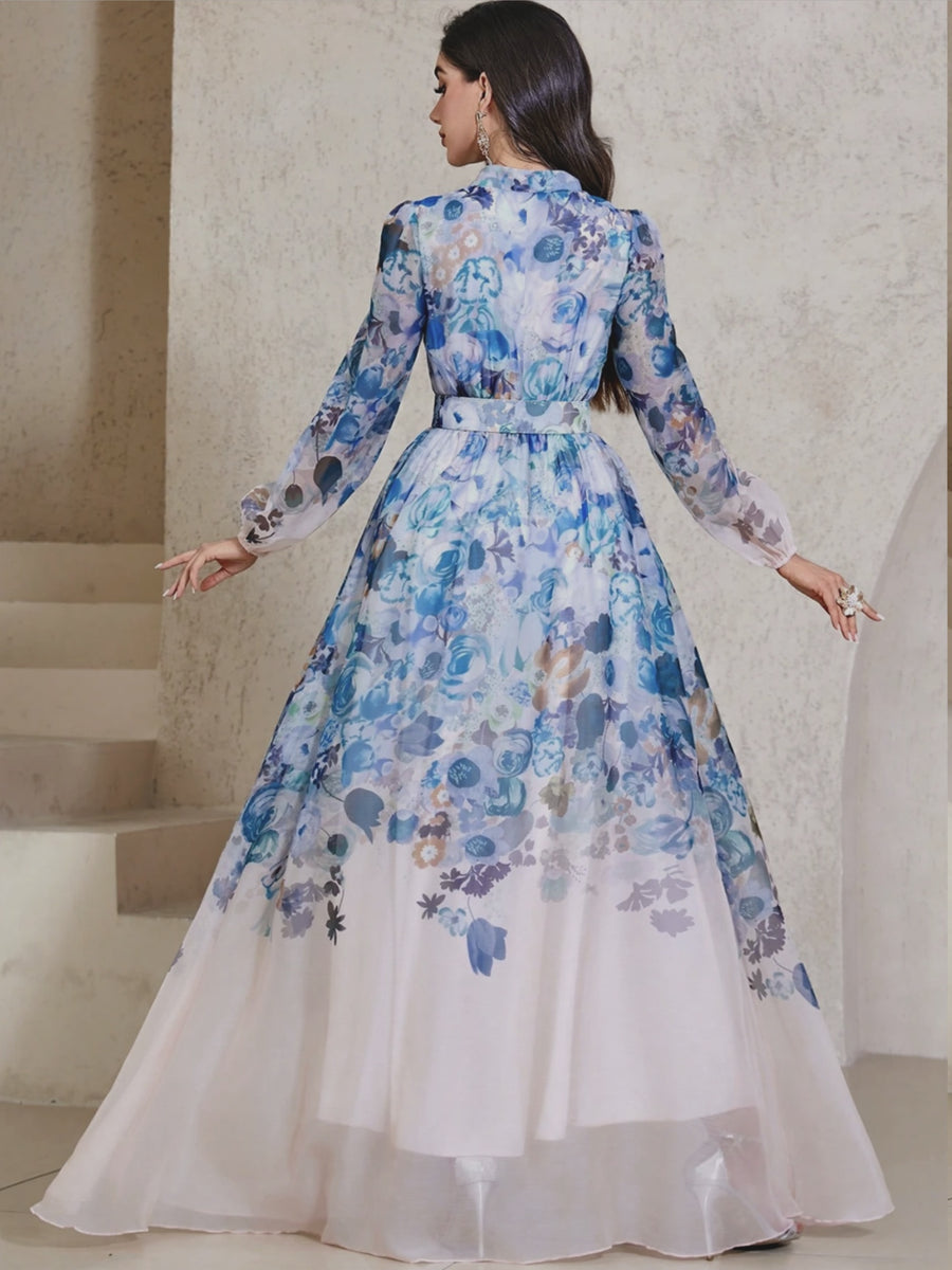 ZD1031037 Ink Wash Floral Print Stand Collar Sheer Long Sleeve Wide Waistband Slit Bridesmaid Dress for Banquets and Weddings - Blue