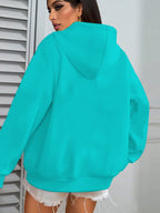 Trendy Letter Women'S Casual Hooded Sweatshirt with Front Print - Machine Washable, All-Season Versatile Pullover, Fashionable And Trendy, Durable Material, Comfortable Fabric, Printed Sweatshirt, Casual Wear, Urban Style, Fashion Enthusiast - Cyan