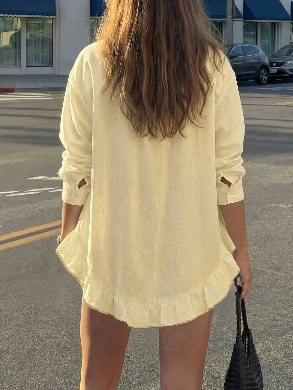 Casual Solid-color Ruffle-trimmed Top, Spring/summer Style - Yellow