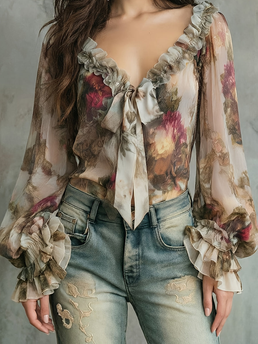 2026 New Romantic Floral Chiffon Blouse V-Neck Tie-Front Shirt Ruffled Trim Printed Top Watercolor Floral Top French Vintage Style Blouse Daytime Date Elegant Shirt Spring Summer Casual Top Commute Fashion Outfit - Paired with Jeans Picnic Or Cafe W - Multicolor