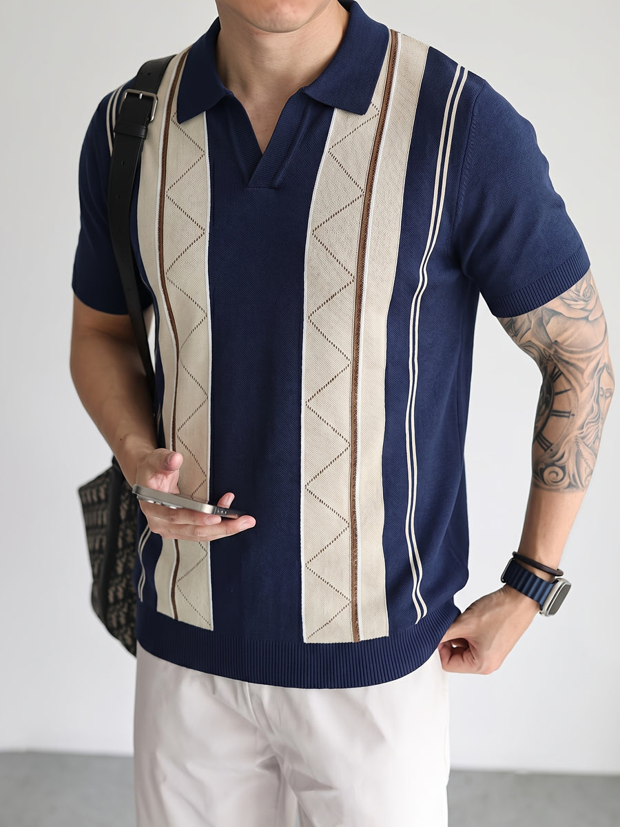 Men's Breathable Knit Short Sleeve Shirt - Vertical Stripe Color Block V-Neck Lapel Collar, Sheer Yet Opaque Mesh Golf & Business Casual Suitable for Golfing, Office, Semi-Formal Wear - Machine Washable Year-Round Versatile Top - Navy Color
