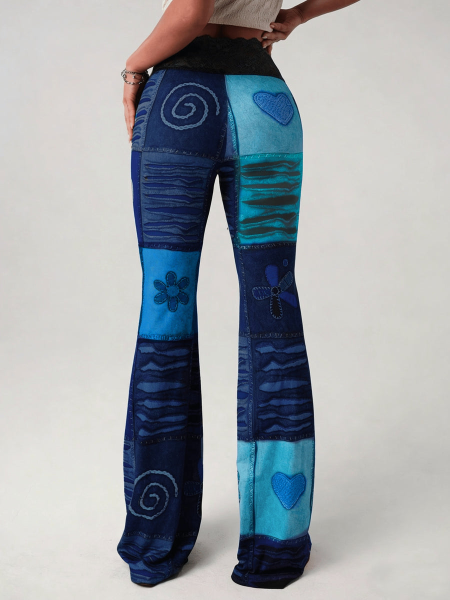 Sexy Lace Patchwork Flared Pants/Bohemian Color-Block Print/ - Multicolor