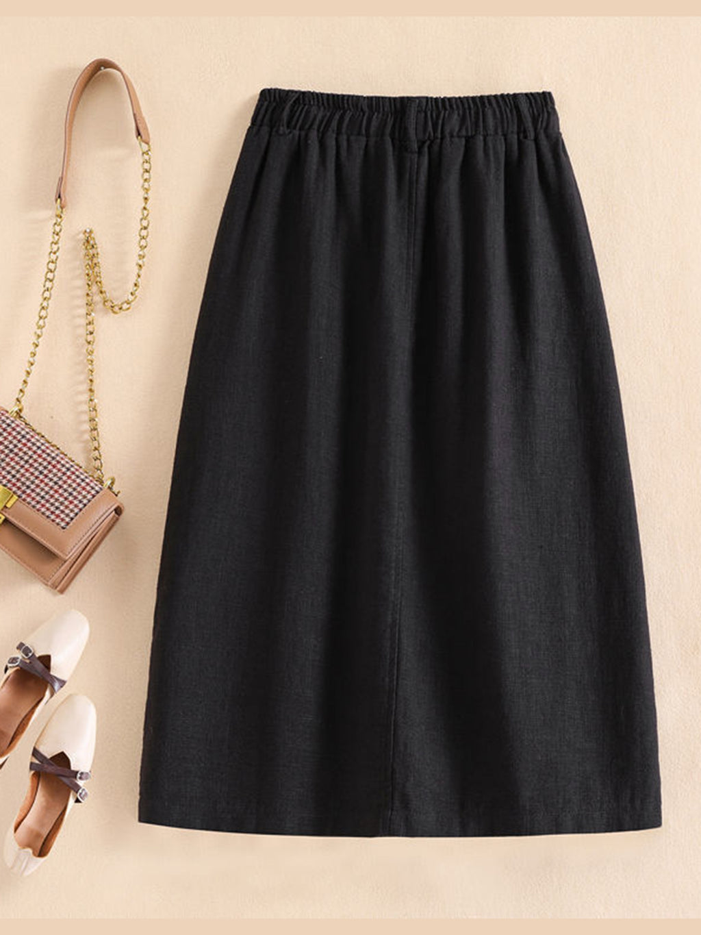 Spring/Summer/Autumn Lightweight Korean-Style Vintage Linen Loose Skirt with Elastic Waistband and Pockets, Mid-Length Women's Skirt - Black