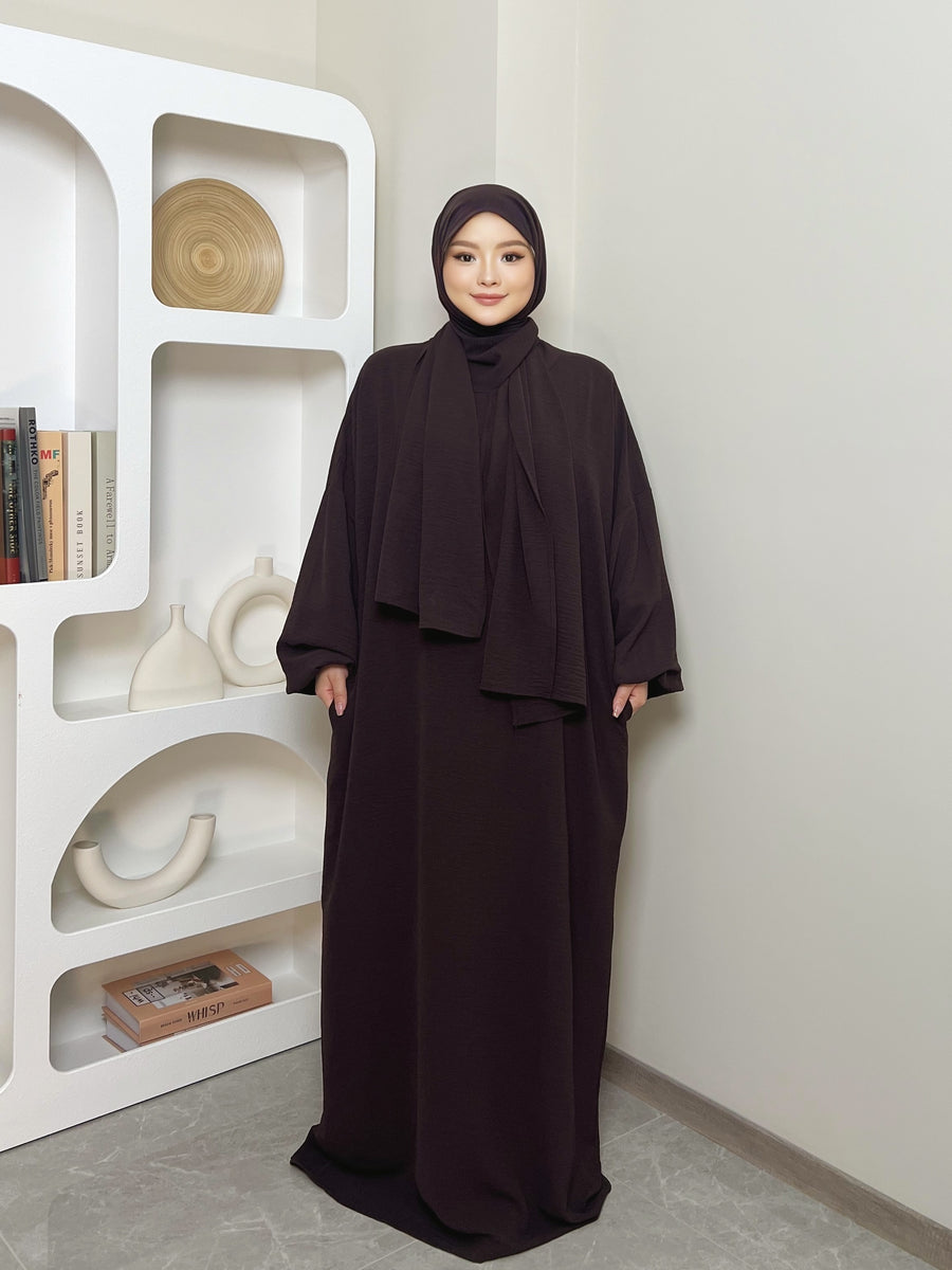 IRONFREE Elegant Crepe Hooded Abaya Hijab with Attached Scarf & Pockets - Modest Long Sleeve Full Coverage Prayer Dress, Machine Washable Medium Stretch Solid Color All-Season Traditional Muslim Women's Clothing, Muslim Clothes, Modest Apparel, Medium - Reddish Brown