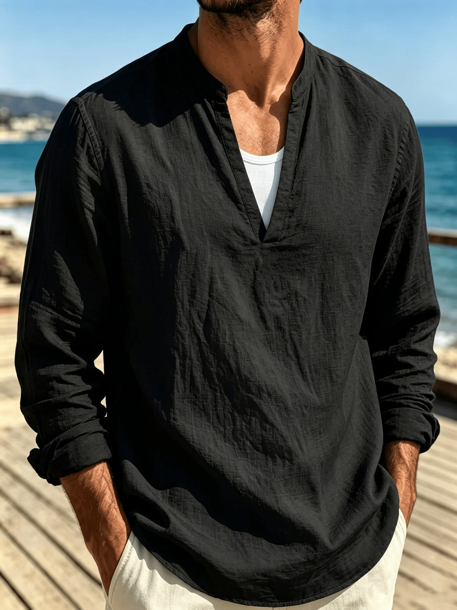 Men's Stand-Up V-Neck Half-Open Placket Linen Long-Sleeve Shirt, Solid Color Basic Style, Suitable for Beach Vacations, Daily Outings, and Casual Gatherings, Can Be Worn Alone or as an Inner Shirt - Black