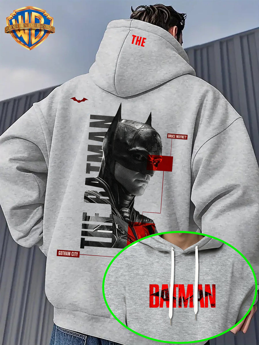 Warner Men'S Autumn Winter Hoodie, Batman Theme Print Trendy Sweatshirt, Gotham City Series Athletic Preppy Design, Unisex Street Fashion Item for Casual Wear And Leisure Travel, Popular Element Enhancement - Light Grey