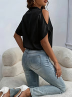 Women'S Chic Stand Collar V-Neck Cold Shoulder Short Sleeve Top - Satin Texture, Ideal for Mother'S Day & Independence Day Commute, Suitable for Spring & Summer Casual & Date Looks, Luxury Style Outfit - Black
