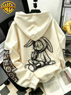[Warner Bros] Licensed Men'S New Trendy Hoodie Sitting Drinking Milk Tea Rabbit Pattern Print Casual Hoodie, Daily Drawstring Loose Pullover Top, Machine Washable All-Match Sports Casual Men'S Top - Apricot