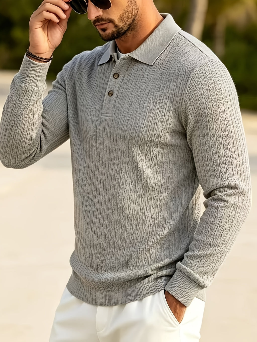 2026 New Men's Long-Sleeve Polo Shirt, Jacquard Texture Lapel Top, Casual Three-Button Knitted Business Versatile Long-Sleeve T-Shirt - Light Grey