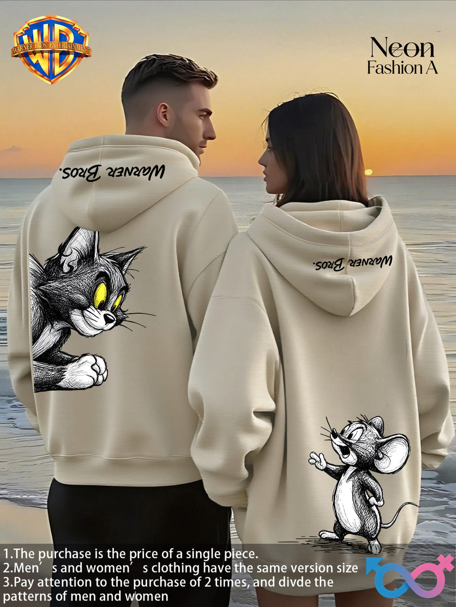 1pc Warner Bros. Cartoon Classic Couple's Sweatshirt, Unisex Long-Sleeve Top with Playful WB Anime Character Action Print on the Back, Trendy, Fashionable, Versatile, Streetwear, Comfortable, and Casual Outerwear, Chinese National Trend - Men-Apricot