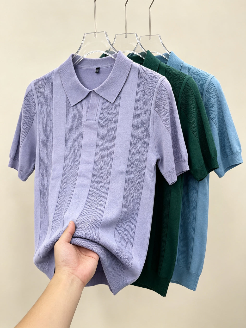 Men 3pcs Vertical Textured Knit Polo Shirts, Slim Fit Notch Collar Short Sleeve Knitwear, Lightweight Comfort Shirts for Office Vacation Daily Wear - Light Blue-Green-Purple
