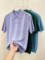 Men 3pcs Vertical Textured Knit Polo Shirts, Slim Fit Notch Collar Short Sleeve Knitwear, Lightweight Comfort Shirts for Office Vacation Daily Wear - Light Blue-Green-Purple