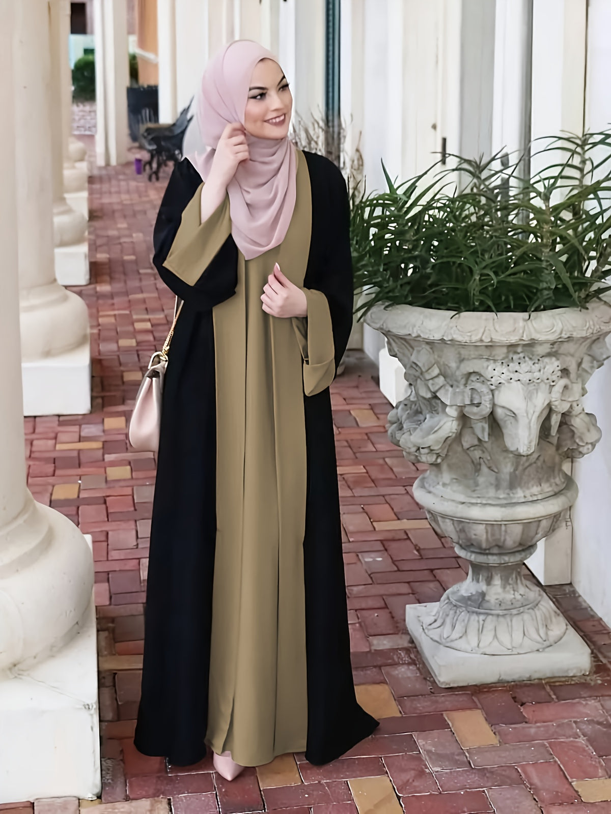 1pc Elegant Muslim Dress with Niche Minimalist Color-Block Design, Fluid and Solid-Paneled, Loose and Unrestrictive, Breathable and Non-Stuffy, Suitable for All Seasons - Khaki