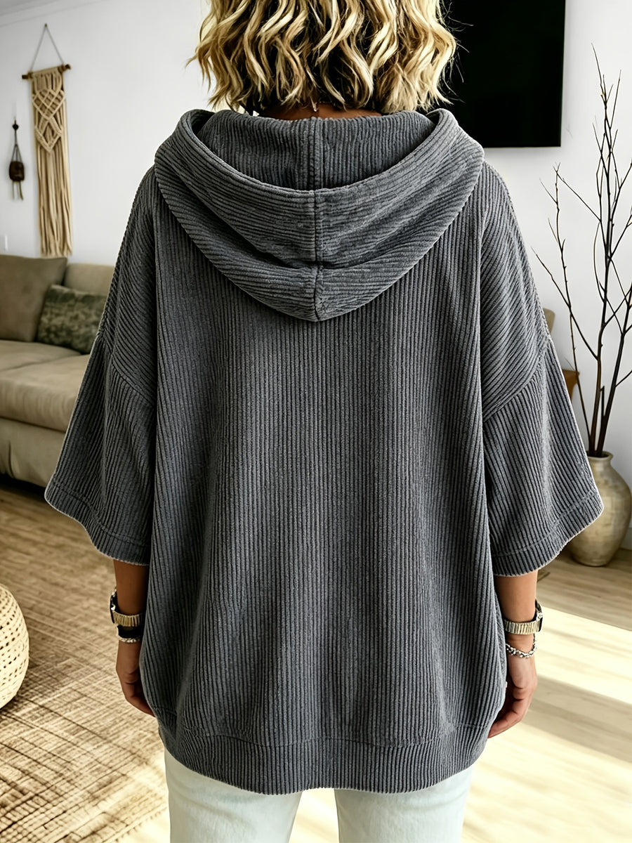 Plus Size - Women'S Casual Corduroy Drawstring Hooded Sweatshirt, Classic Versatile Hooded Top Elegant Women'S Top, Loose Fit Comfortable Sweatshirt Suitable for Commute And Casual Wear Spring/Autumn Clothing - Graphite Color
