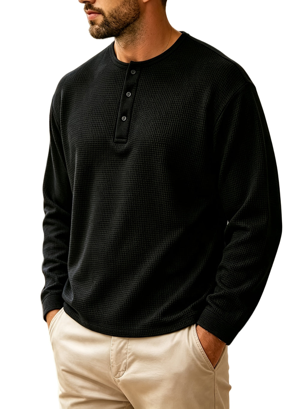 2pcs Men'S Waffle Henley Long Sleeve T-Shirt, Loose Casual Button-Up Pullover Base Layer Spring Autumn Top - Black