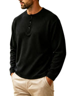 2pcs Men'S Waffle Henley Long Sleeve T-Shirt, Loose Casual Button-Up Pullover Base Layer Spring Autumn Top - Black