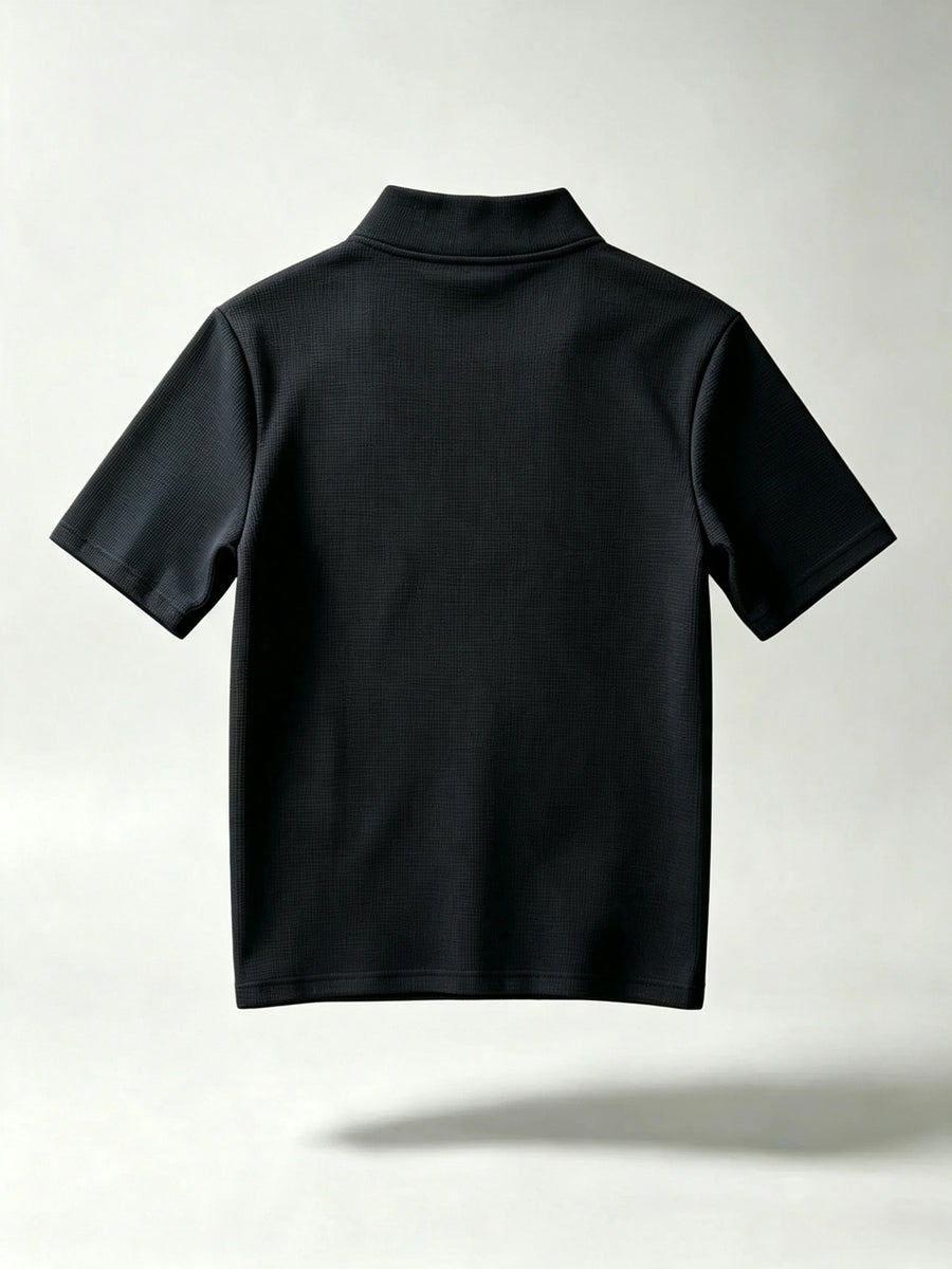 Men'S Half-Zip Stand Collar Plaid Knit T-Shirt, Retro Gradient Striped Abstract Ripped Color-Block Chest Print Loose Breathable Summer Casual Short-Sleeve Top - Black