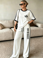 2pcs Set of Barcode Women'S Short Sleeve Long Pants, Printed Color-Block Comfortable Soft Casual Outdoor Sports Set Long Sweatpants Short Sleeve Top - White