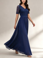 New Western Dress Lace Patchwork Long Waist-Cinching Noble Evening Dress Chiffon Dress - Navy Color