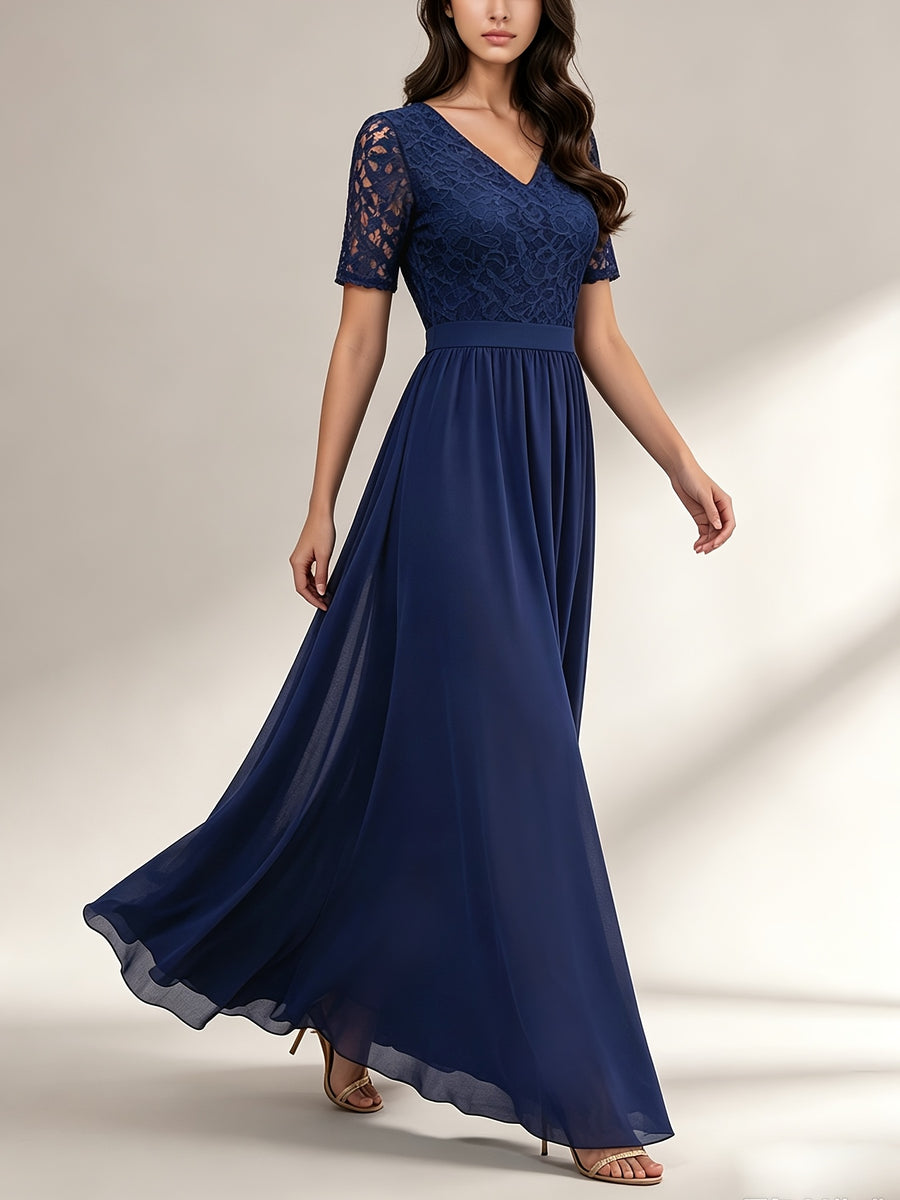 New Western Dress Lace Patchwork Long Waist-Cinching Noble Evening Dress Chiffon Dress - Navy Color