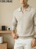 FORLENGKE Men'S Casual Polo Knit Top with Fold-Over Collar, V-Neck Opening, Waffle Knit Fabric, Diamond Cable Pattern on Shoulders, Warm And Stylish for Fall/Winter, Perfect for Daily Casual Wear, Shopping, And Outings - Beige Apricot