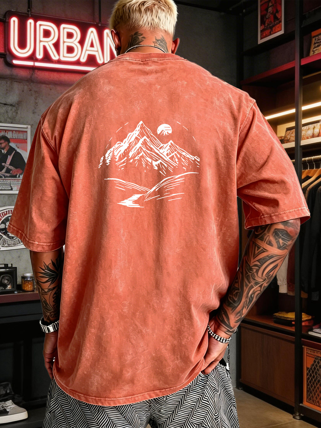 Men's Heavyweight T-Shirt Washed Distressed Fashion Print 2026 Summer New Urban High Street Hiphop Style Vintage Acid Wash Casual Gym Workout Top Pure Cotton Breathable Base Shirt - Orange