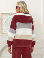 Women's Fuzzy Hooded Jacket Color Block Zip-Up Coat Warm Outerwear with Pockets for Autumn Winter Casual Outdoor Wear - Burgundy