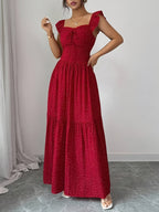 Vintage Red Polka Dot Square Neckline Ruffle Hem Dress with Backless Bow Waist Tie and Flared Skirt, Vacation Style Women's Dress - Red