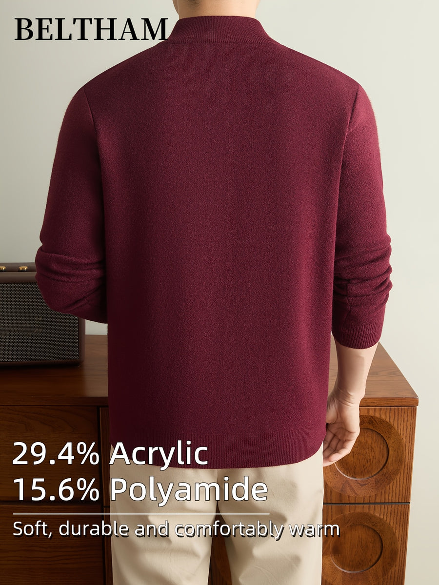 Autumn Winter Men'S Long Sleeve Pullover Knit Sweater, Ideal Gift for Father And Husband, Mock Neck Zipper Design, Warm Soft Comfortable Knitted Jumper, Elegant Fashion Top for Daily Casual Sports Fishing Camping Outdoor Wear - Burgundy