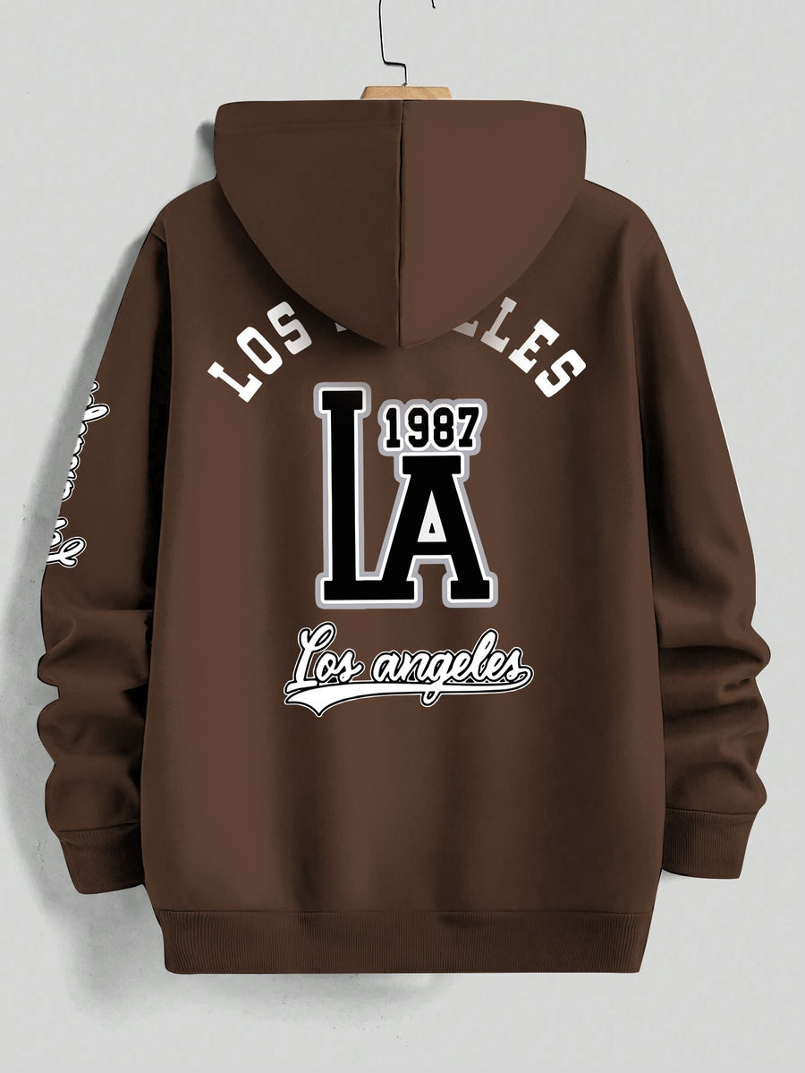 American Vintage Los Angeles  Style Hoodie, High Street Fashion LOS ANGELES Trendy Sweatshirt for Men - Coffee Color