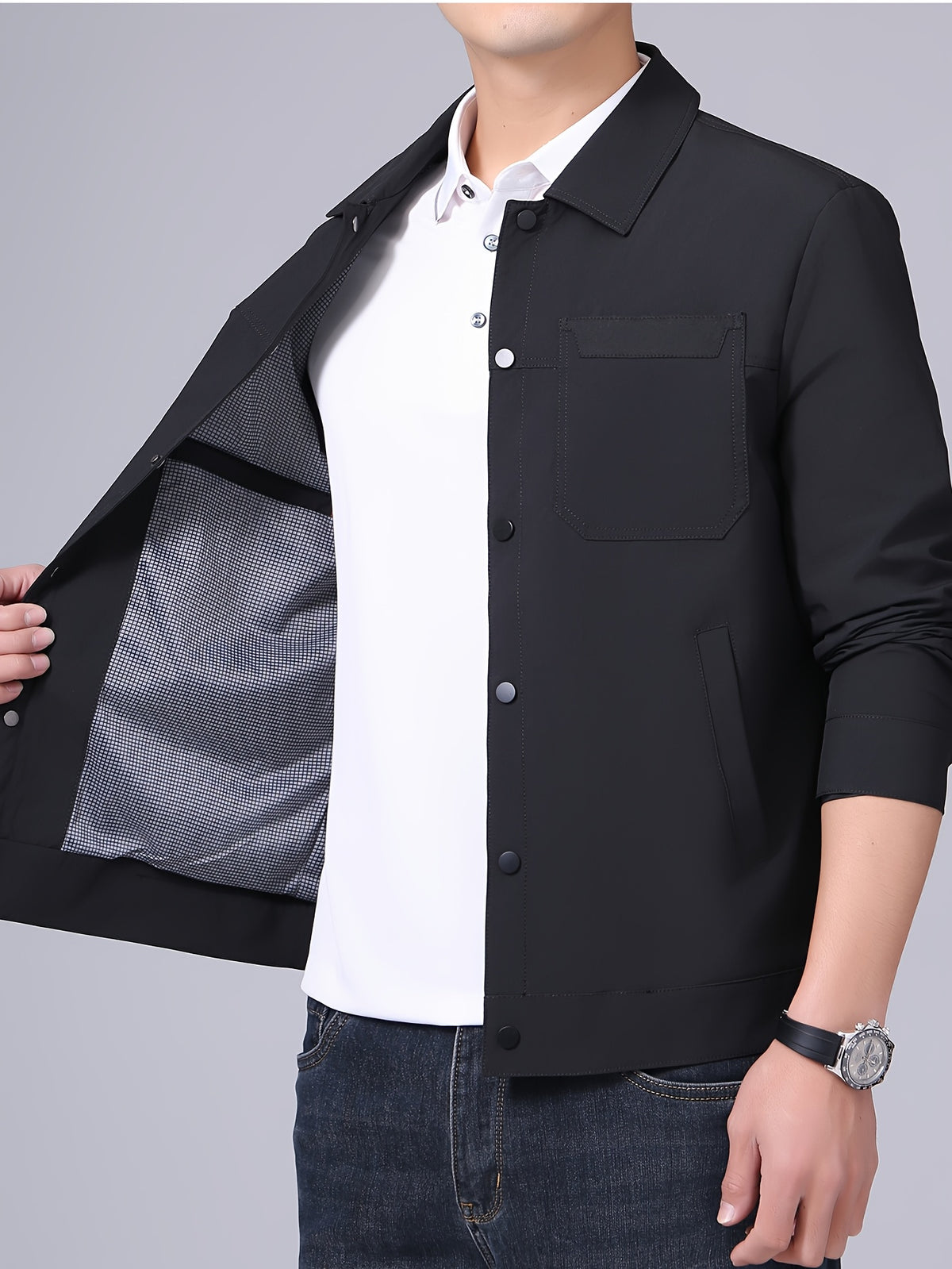 Spring New Lapel Button- Men'S Jacket, Durable And Thin Business Casual Wear, Versatile Long-Sleeve Men'S Top MD12601 - Black