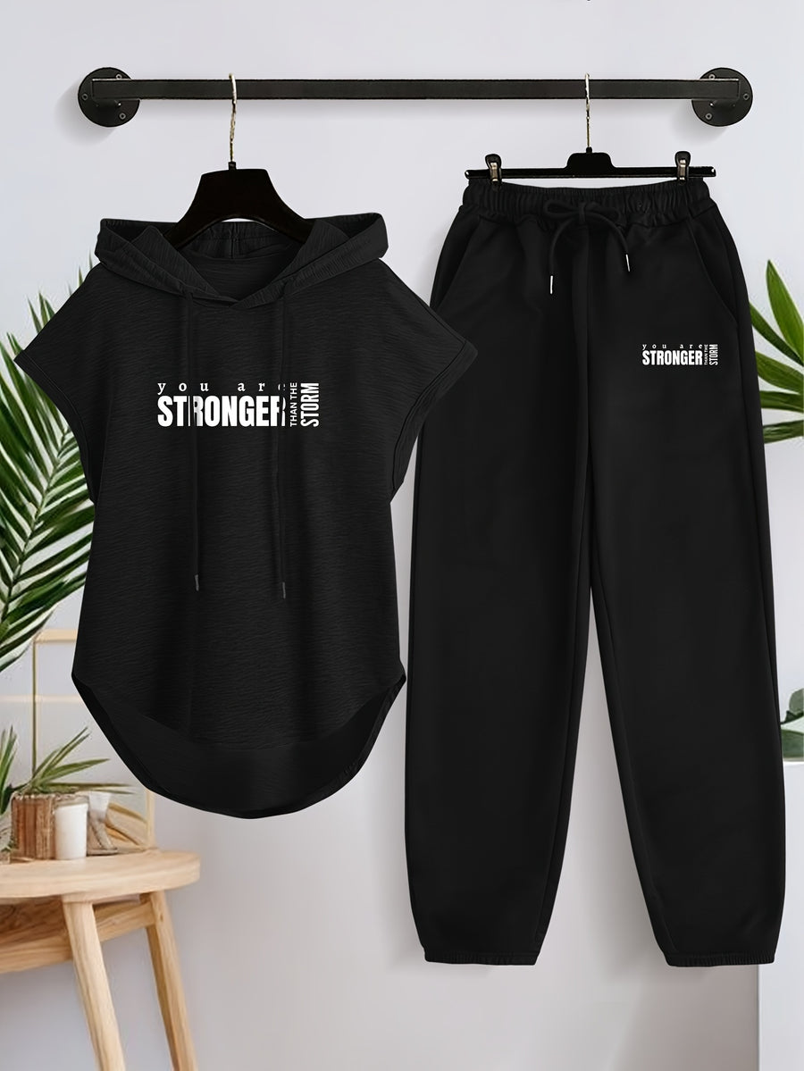 Women'S Casual Comfortable Sleeveless Hoodie And Long Pants Set X5038 - Black