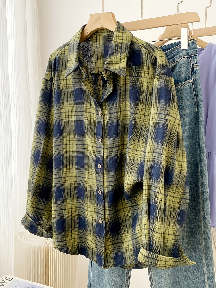 Women'S Shirt Multicolor Brushed Plaid Shirt Loose Top - Blue-green