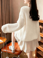 Women's New Spring/Summer Hollow-Out Solid Color One-Shoulder Pullover Knitwear, Casual Style Outer Cover-Up Shirt - Apricot