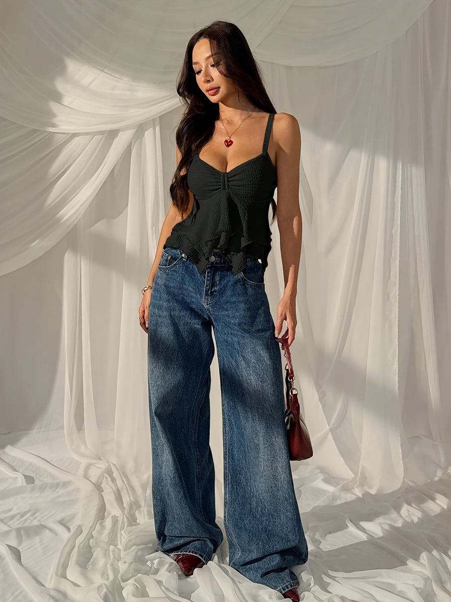 Women'S V-Neck Ruched Ruffled Cami Tank Top, Summer Tummy Control Hot Short Inner Wear Outer Wear Tube Top - Black