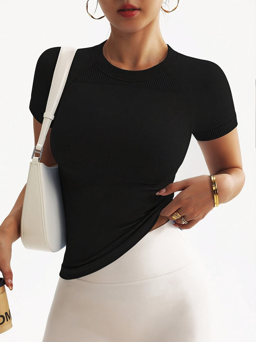 Solid Color Women'S Casual Sports T-Shirt, Slim Fit Versatile Workout Top, Soft And Comfortable Stretchy Breathable Yoga Short Sleeves, Women'S Sportswear - Black