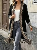 American Western Bohemian Fringed Cardigan Women'S Retro Color-Block Geometric Pattern Hem Fringed Design Mid-Length Ethnic Style Coat - Black