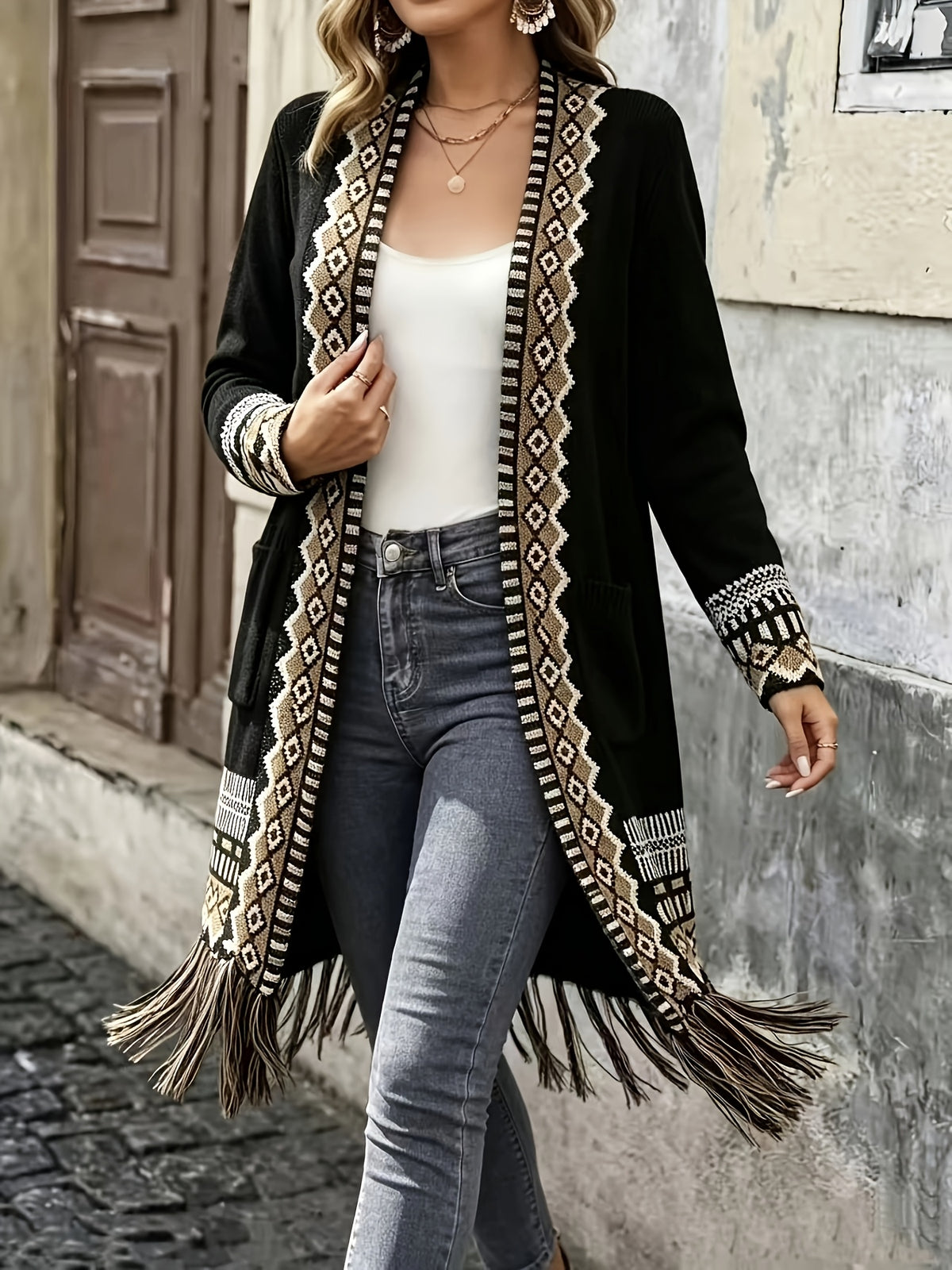 American Western Bohemian Fringed Cardigan Women'S Retro Color-Block Geometric Pattern Hem Fringed Design Mid-Length Ethnic Style Coat - Black