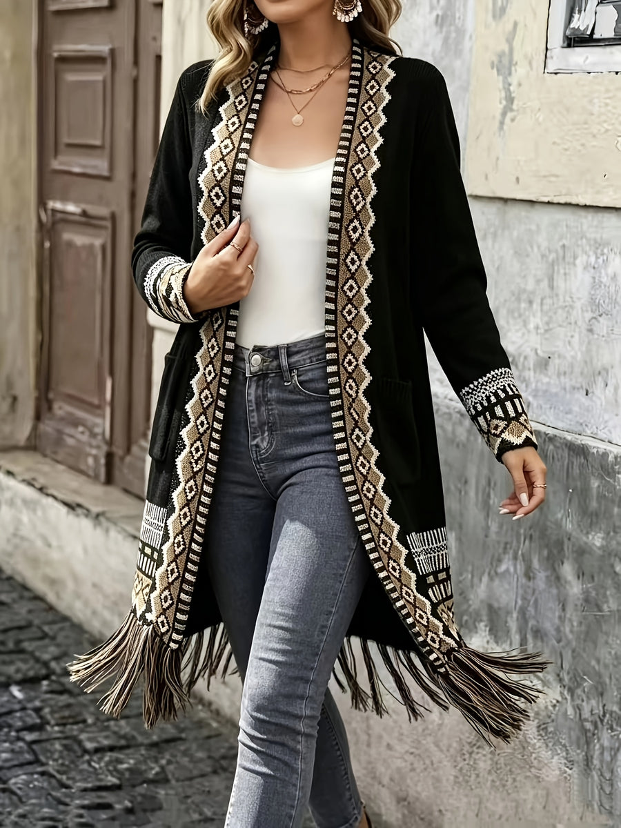American Western Bohemian Fringed Cardigan Women'S Retro Color-Block Geometric Pattern Hem Fringed Design Mid-Length Ethnic Style Coat - Black
